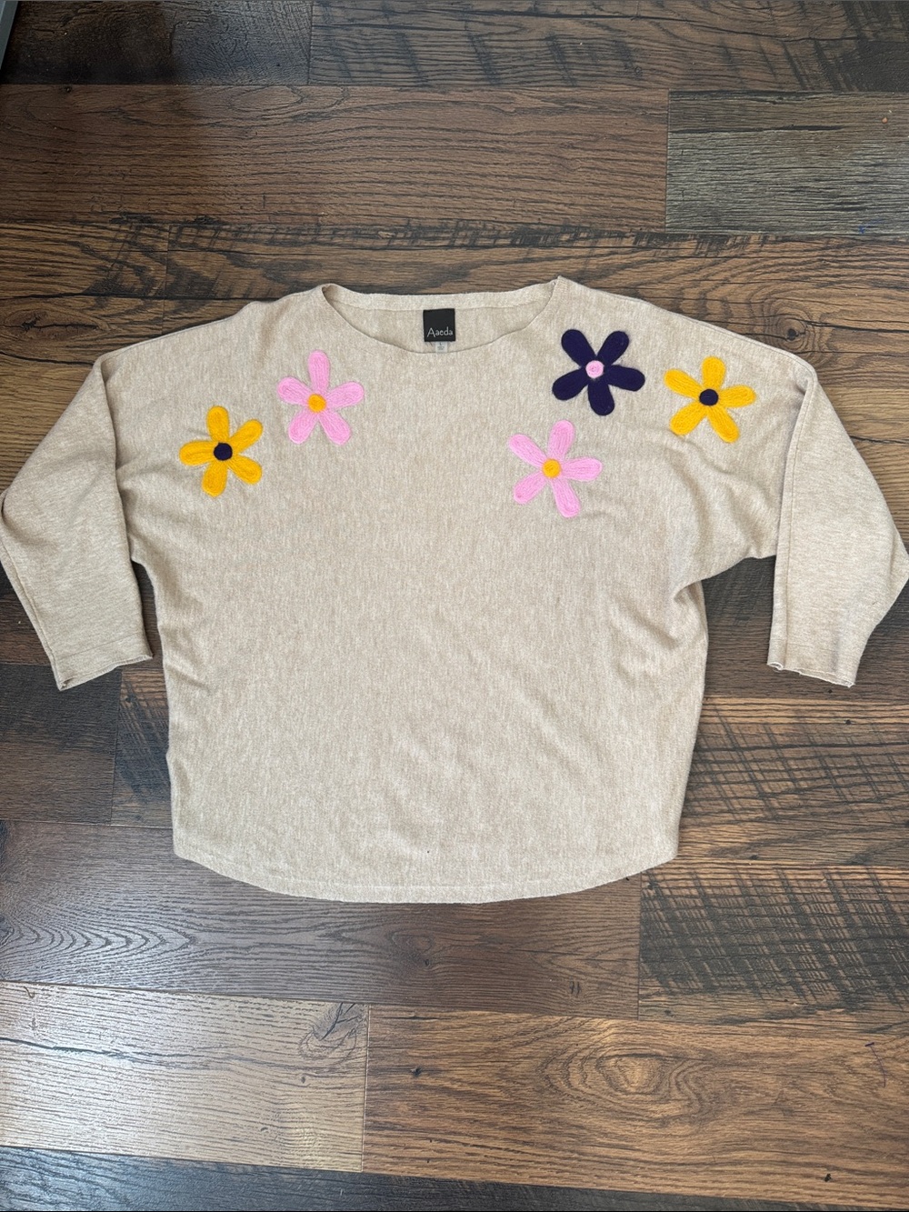 Aveda Beige Floral Appliqué Crewneck Sweater - Pink, Yellow, Navy Flowers